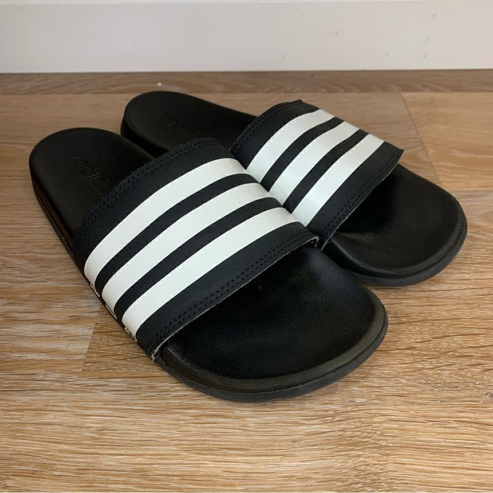 Adidas Women’s Black White Striped Slide Sandals, Size 8